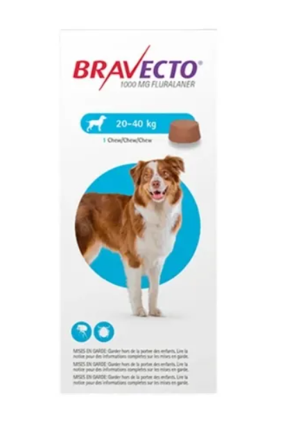 Bravecto perros grandes (20 – 40 kg) – 1000 mg.